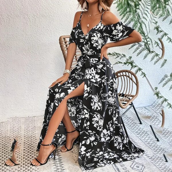 Women's Floral Maxi Dress Cold Shoulder Split Belted A Line Long Summer Dress - Image 2