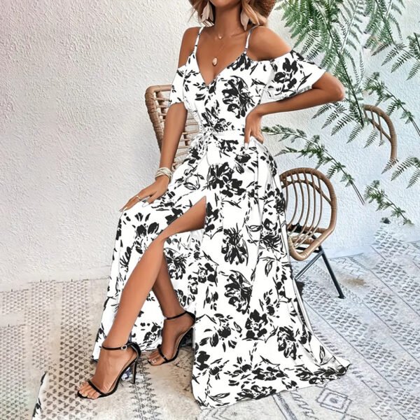 Women's Floral Maxi Dress Cold Shoulder Split Belted A Line Long Summer Dress - Image 5