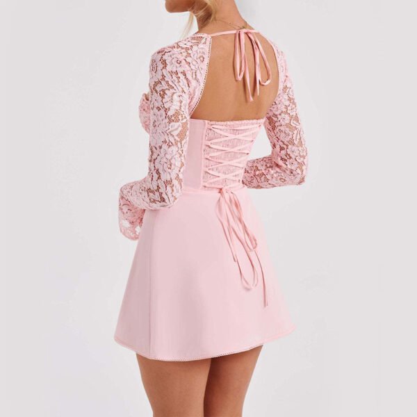 Y2K  Lace Long Sleeve Dress Fashion Sexy Corset Backless Lace Up Short Dresses Womens Clothing - Image 2