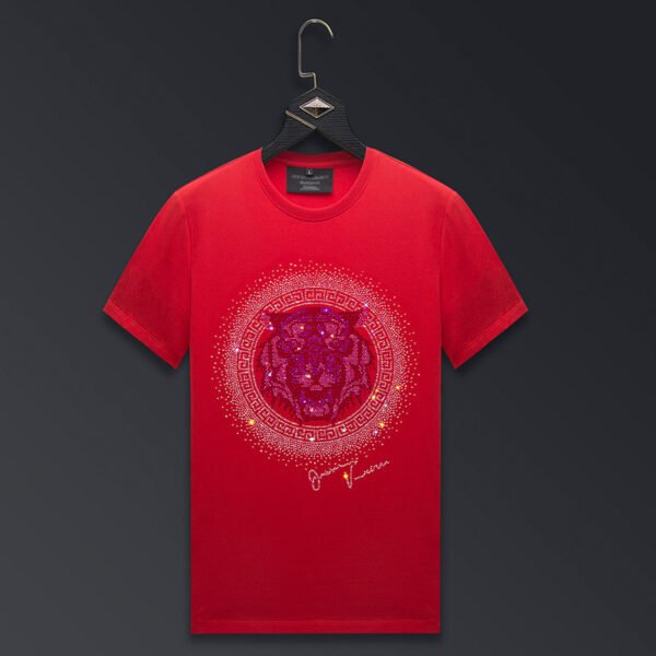 Men's Rhinestone Tiger Head Summer American Plus Size Half Sleeve Cotton T-shirt - Image 6