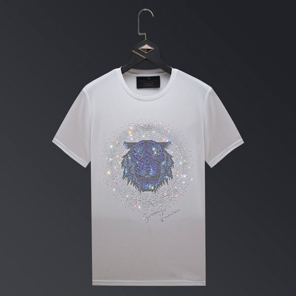 Men's Rhinestone Tiger Head Summer American Plus Size Half Sleeve Cotton T-shirt - Image 2