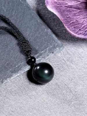 Fashion 16mm Natural Obsidian Pendant Amethyst Necklace For Men And Women