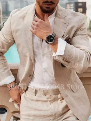 Linen 2 Piece Beige/Blue Men Suits