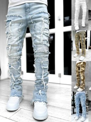 Ins Fringes Ripped Trousers Individual Patched Pants Long Tight Fit Stacked Jeans For Mens Clothing
