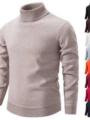 Men's Turtleneck Pullover Sweater Fashion Solid Color Fleece Lined Knitted Long-sleeved Top Clothing