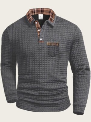 Men's Casual Solid Color Patchwork Pocket Collar Long Sleeve Polo Shirt