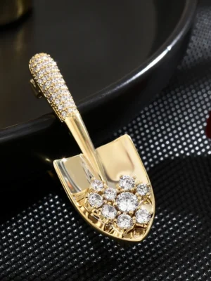 Women Girls Elegant Gold Color Crystal Shovel Brooches