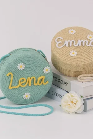 Personalized Round Cake-Shaped Straw Woven Bag