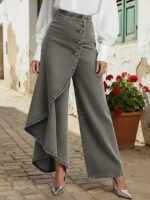 Unique Straight-leg Pants Fashion Large Ruffled Buttons Trousers Women's Faux Jeans Clothing - Image 8