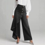 Unique Straight-leg Pants Fashion Large Ruffled Buttons Trousers Women's Faux Jeans Clothing - Image 3