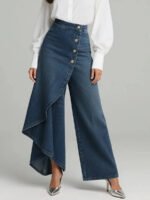 Unique Straight-leg Pants Fashion Large Ruffled Buttons Trousers Women's Faux Jeans Clothing - Image 5