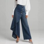 Unique Straight-leg Pants Fashion Large Ruffled Buttons Trousers Women's Faux Jeans Clothing - Image 4