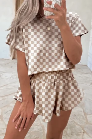 Summer New Plaid Short-sleeved T-shirt + Shorts Skirt