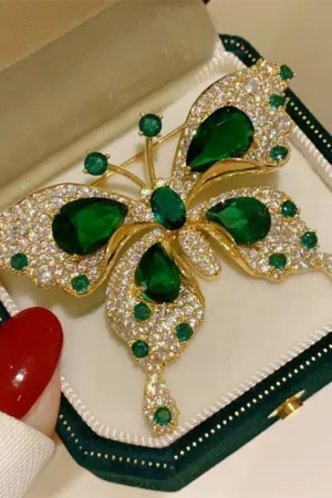 Elegant Emerald Crystal Butterfly Brooches