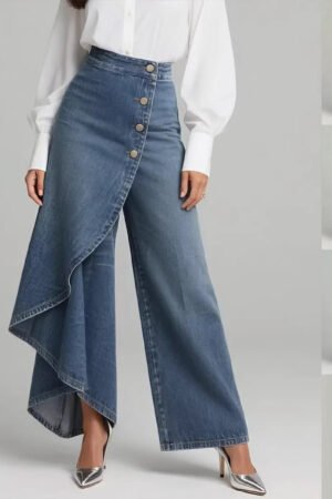 Unique Straight-leg Pants Fashion Large Ruffled Buttons Trousers Women's Faux Jeans Clothing
