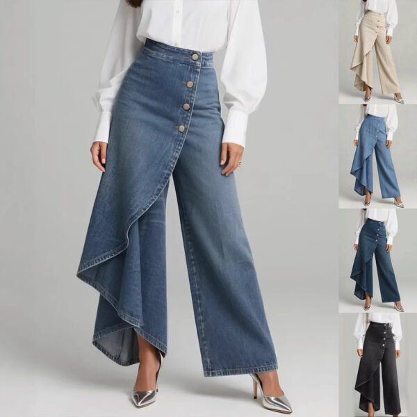 Unique Straight-leg Pants Fashion Large Ruffled Buttons Trousers Women's Faux Jeans Clothing
