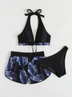 3pcs Leaf Print Bikini with Shorts - Image 8