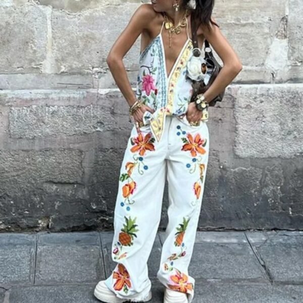 New Fashion Temperament Camisole Halterneck Printed Straight-leg Pants