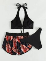 3pcs Leaf Print Bikini with Shorts - Image 5