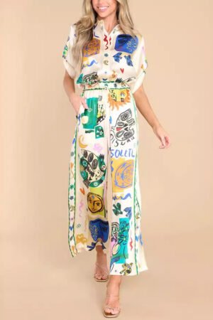 Graffiti Printing Satin Short Sleeve Lapel Shirt Trousers Casual Two-piece Suit