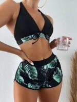 3pcs Leaf Print Bikini with Shorts - Image 2