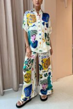 Graffiti Printing Satin Short Sleeve Lapel Shirt Trousers Casual Two-piece Suit - Image 5