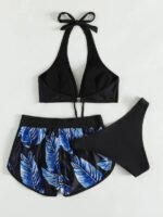 3pcs Leaf Print Bikini with Shorts - Image 3
