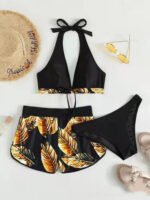 3pcs Leaf Print Bikini with Shorts - Image 7