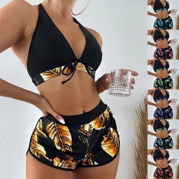 3pcs Leaf Print Bikini with Shorts