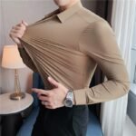 Seamless Elastic Vertical Men's Shirt Long Sleeve Solid Color Men's Shirt - Image 4