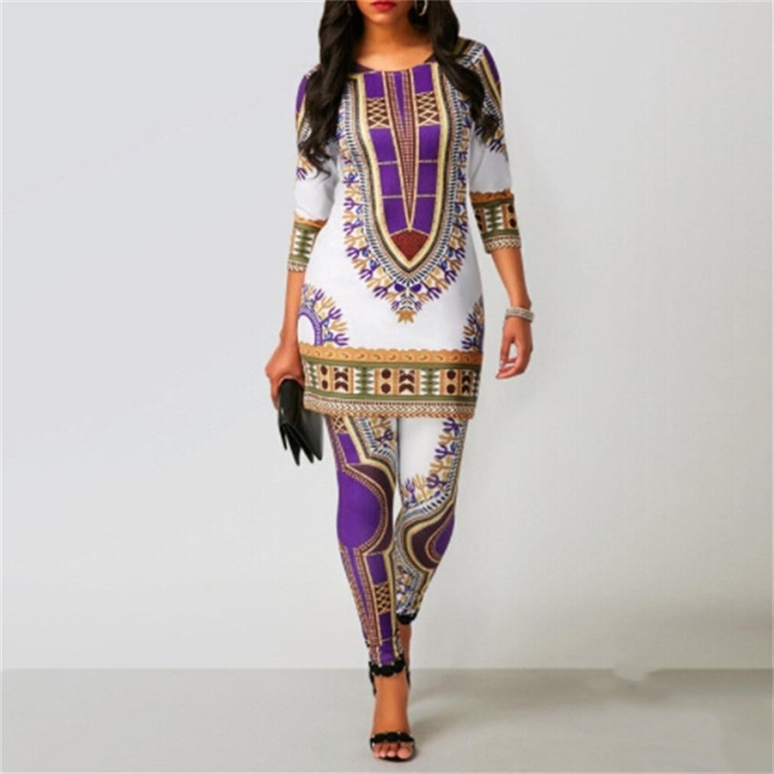 1618126465557.jpg Printed Round Neck Three-Quarter Sleeve Casual Suit - Image 1