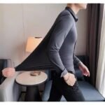Seamless Elastic Vertical Men's Shirt Long Sleeve Solid Color Men's Shirt - Image 2
