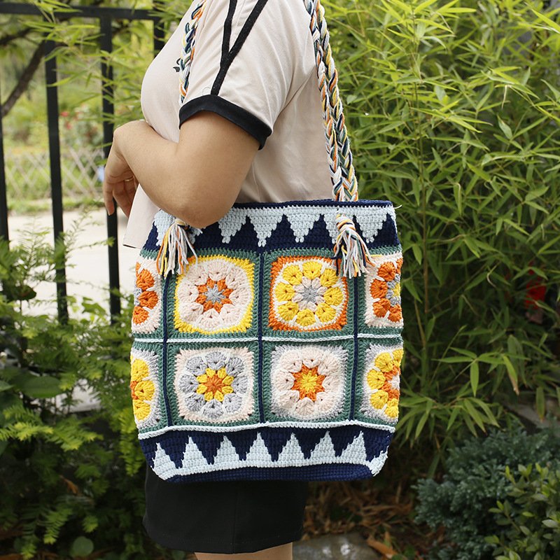 a22f4308-663f-4433-a51e-eefc7b75a592.jpg Large Wool Crocheted Grandma Square Grid Bag Retro Style Women's Bag - Image 1