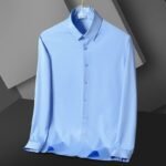 Seamless Elastic Vertical Men's Shirt Long Sleeve Solid Color Men's Shirt - Image 6