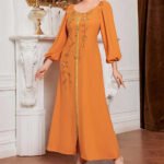 Square-neck Cinched Middle East Dubai Hand-stitched Maxi Dress - Image 7