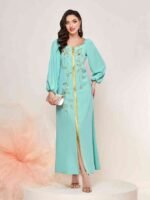 Square-neck Cinched Middle East Dubai Hand-stitched Maxi Dress - Image 10
