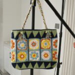 Large Wool Crocheted Grandma Square Grid Bag Retro Style Women's Bag - Image 7