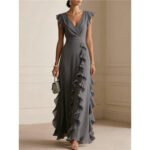 Women's Elegant Solid Color Ruffle Sleeveless Sexy V-Neck Long Dress Fashionable Bohemian Women's Party Evening Maxi Dresses - Image 2