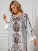 Elegant Floral Print Long Sleeve Abaya Dress - Image 3