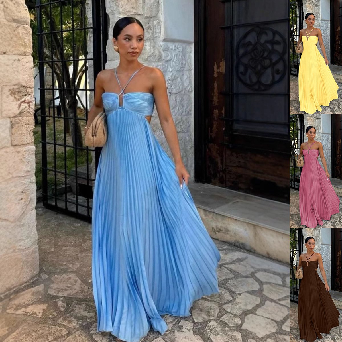 19815ae9-4b63-466a-9eaf-0d7800be237f.jpg Ins Pleated Sleeveless Sling Dress Hollow High Waist Halter Robe Dresses For Evening Party Club Clothing Women - Image 1