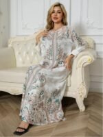 Elegant Floral Print Long Sleeve Abaya Dress - Image 2