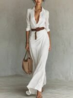Irregular Long Dress With Belt Fashion And Elegant Button Lapel Long-sleeved Shirt Dresses Daily Office Commuting Clothing For Women - Image 7
