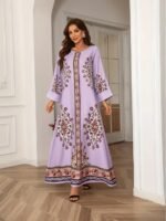 Elegant Floral Print Long Sleeve Abaya Dress - Image 3