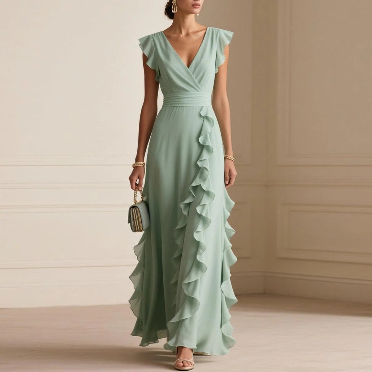 3cc59496-f530-4672-abe8-8317000802b2.jpg Women's Elegant Solid Color Ruffle Sleeveless Sexy V-Neck Long Dress Fashionable Bohemian Women's Party Evening Maxi Dresses - Image 1