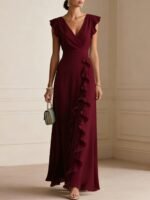 Women's Elegant Solid Color Ruffle Sleeveless Sexy V-Neck Long Dress Fashionable Bohemian Women's Party Evening Maxi Dresses - Image 5