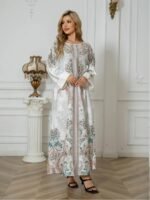 Elegant Floral Print Long Sleeve Abaya Dress - Image 4