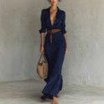 Irregular Long Dress With Belt Fashion And Elegant Button Lapel Long-sleeved Shirt Dresses Daily Office Commuting Clothing For Women - Image 9