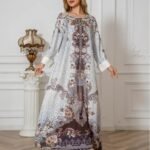Elegant Floral Print Long Sleeve Abaya Dress