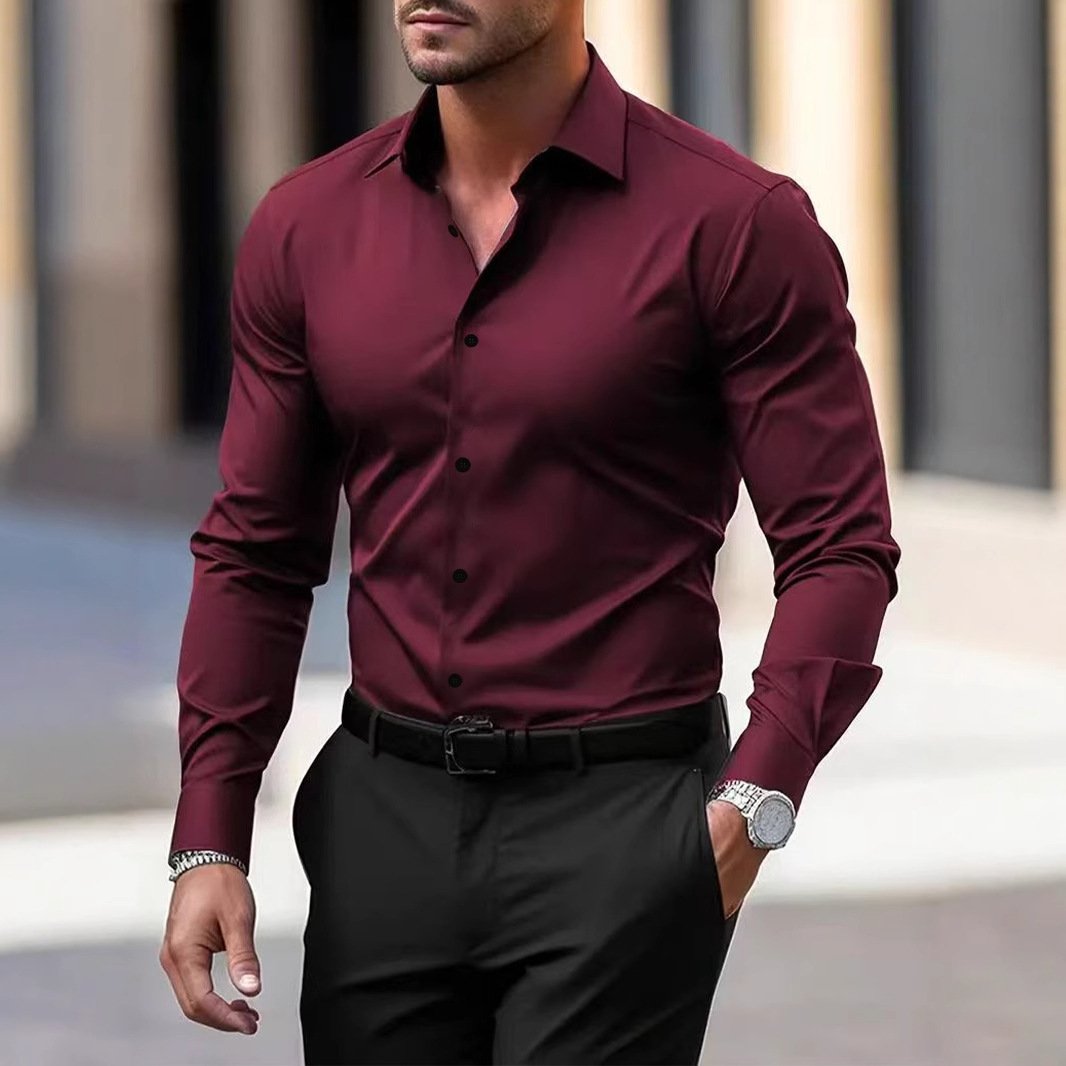 69c2dfa0-075a-404c-af7b-10b076f18640.jpg Men's Shirt Business Button Down Shirt Summer Solid Color Long Sleeve Lapel Vacation Shirt Fashion Temperament Casual Tops - Image 1