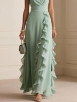 Women's Elegant Solid Color Ruffle Sleeveless Sexy V-Neck Long Dress Fashionable Bohemian Women's Party Evening Maxi Dresses - Image 6